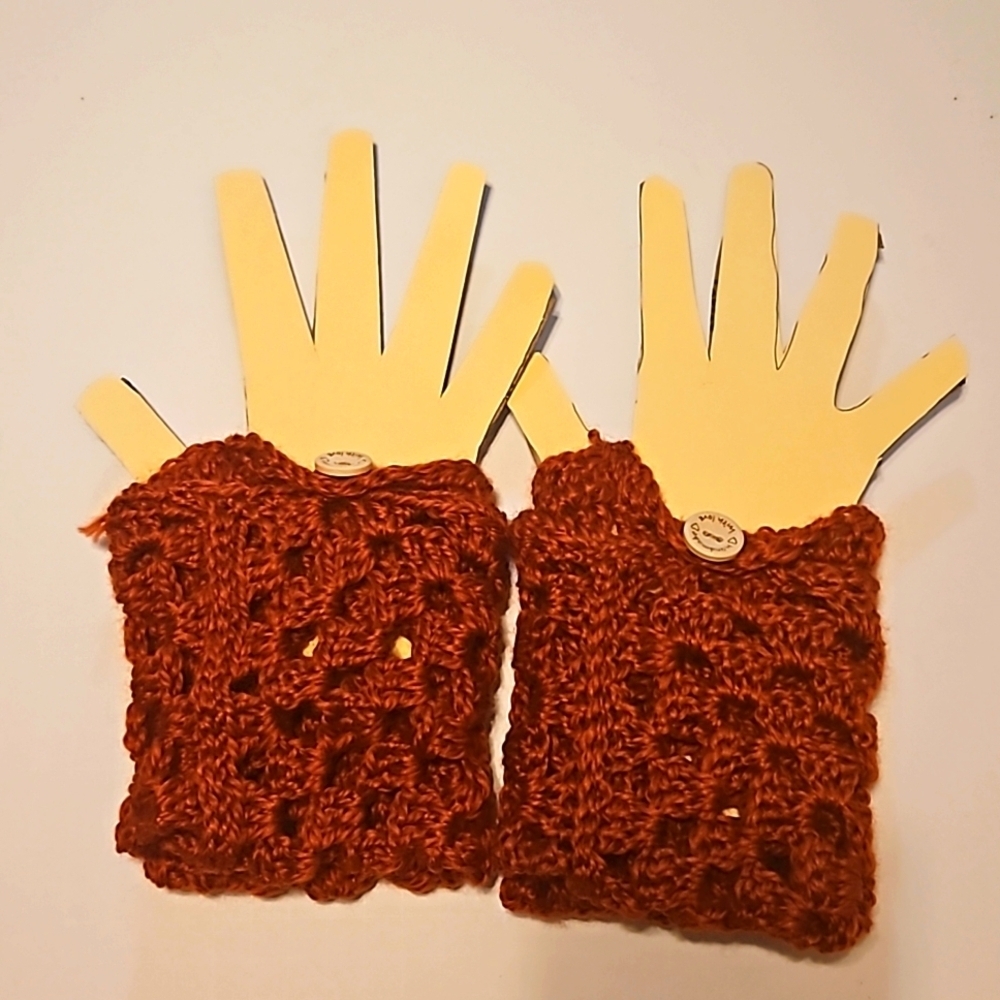 Hand Crafted Hand Knit Crochet Orange Granny Square Fingerless Gloves handmade - Picture 9 of 17